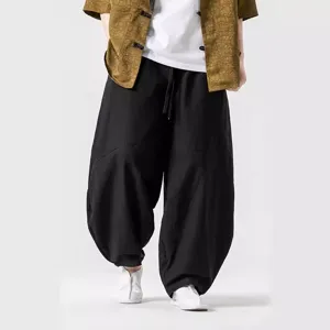 Pantaloni harem casual larghi in stile cinese da uomo, pantaloni yoga in lino Tai Chi estivi.