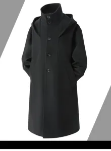 Black hooded wool coat detail view, winter men mid length outwear apparel fashion style.