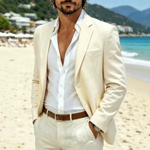 Men's casual beige suit jacket, Italian style slim fit single blazer for summer resort, fashion men top.
