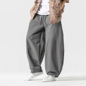 Pantaloni harem yoga stile cinese uomo grigio estate cotone lino taglio largo casual