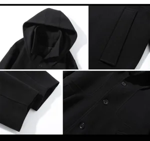Close-up details of men black wool hooded coat showing collar pocket cuff and button design.