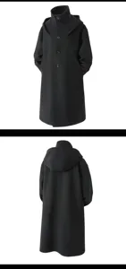 Detailed view of the black wool coat for men, featuring a stylish double collar and hood.