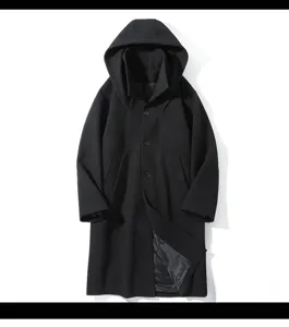 Men's black hooded wool blend trench coat, stylish mid-length winter outerwear piece.