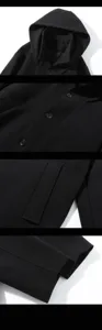 Men's black wool hooded coat detail view showing collar, buttons and pocket features.