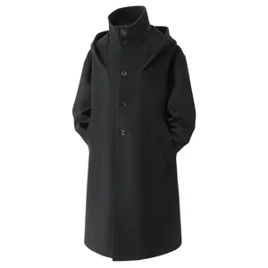 Men's High-End Hooded Woolen Overcoat Casual Mid-Length Windbreaker Loose Fit Cotton Blend Single Breasted Jacket For Winter