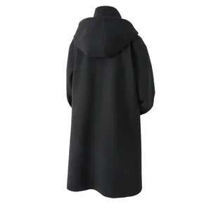 Men's black long hooded wool blend coat winter trench jacket casual outerwear classic style