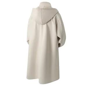 Men's beige hooded wool coat back view, stylish mid-length overcoat for autumn and winter.