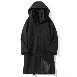 Mens Winter Hooded Woolen Overcoat Long Double Collar Trench Coat Black Outerwear