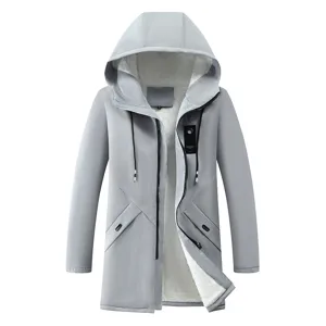 Men's fleece lined hooded winter jacket mid-long warm casual coat gray outerwear