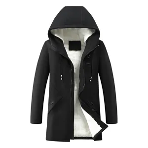 Close-up detail of the warm fleece-lined interior and hood for this men's winter hooded coat.