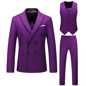 Ανδρικό Σετ Κοστούμι 3 Τεμαχίων Slim Fit Σακάκι με Διπλό Κούμπωμα Γιλέκο Παντελόνι Μονόχρωμο Επαγγελματικό Γαμήλιο Επίσημο Σετ Blazer για Άνδρες