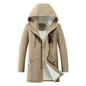 Detailed view of the men's winter hooded fleece-lined parka jacket, cozy warm design.