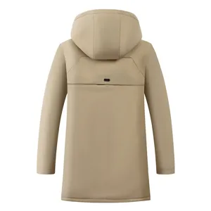 Men winter hooded mid-length cotton jacket back detail in khaki color warm coat