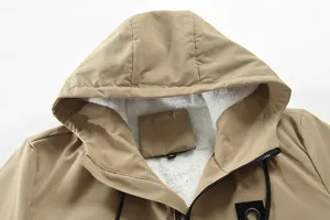 Men's khaki hooded fleece-lined winter coat, warm casual outerwear with sherpa lining.