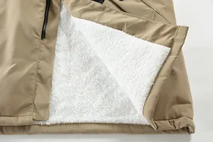 Men's winter thick fleece jacket detail view, warm khaki outerwear with soft white plush lining.