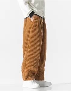 Men's casual corduroy pants side detail, loose harem trousers fit, comfortable daily wear.