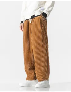 Men's corduroy loose casual pants straight leg harem trousers winter warm comfortable brown