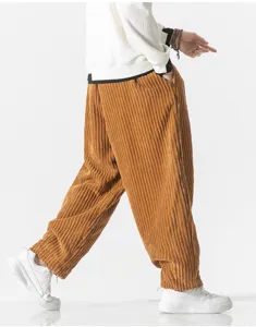 Corduroy harem pants detail showcasing the soft texture, wide-leg cut and comfortable fit.