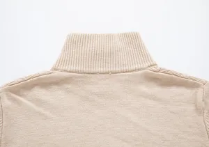 Men's beige ribbed mock turtleneck pullover sweater, casual knitwear detail view.