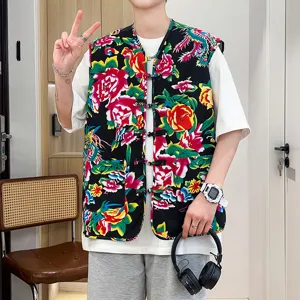 Men vintage floral vest Chinese style traditional print waistcoat casual outerwear top