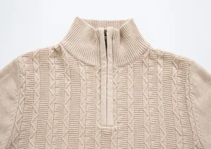 Men's casual half-zip stand collar knit sweater detail view, beige cable knit texture.