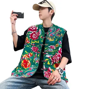 Men Chinese style floral vest vintage waistcoat traditional casual outerwear summer top