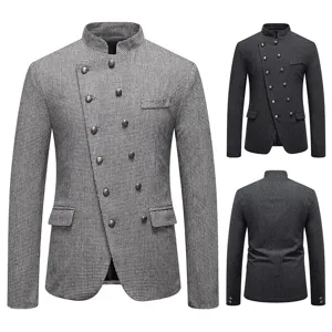 Americana de Hombre Corte Ajustado Cuello Alto Tapeta Asimétrica Doble Botonadura Pata de Gallo Chaqueta de Traje
