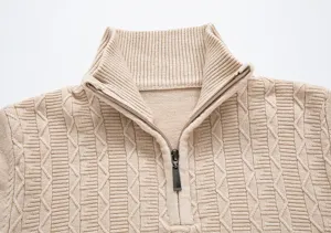 Men's half-zip knit sweater detail view, ribbed mock neck, casual cable knit pullover.