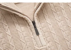 Close-up of men's half-zip knit sweater collar, showing premium cable knit texture and zipper.