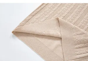 Detailed view of men's knit sweater texture, showing cable knit pattern and ribbed hem design.