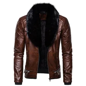 Chaqueta de moto de cuero sintético marrón para hombre con cuello de pelo sintético y forro.