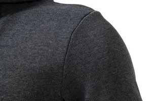 Close-up detail of dark grey men's hoodie fabric and clean stitching texture.