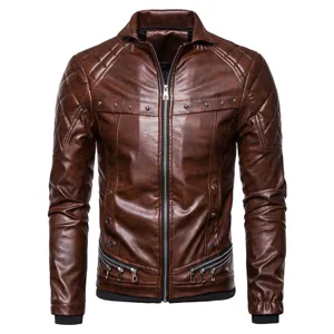 Chaqueta de moto de cuero sintético marrón para hombre, abrigo punk de invierno con cremalleras.