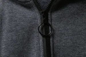 Men hoodie metal ring zipper detail close up dark gray fabric texture casual apparel view