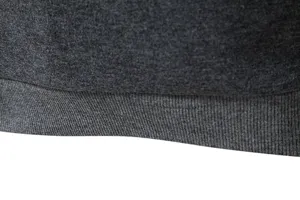 Men's casual hoodie detail dark grey ribbed hem close-up knit fabric presentation