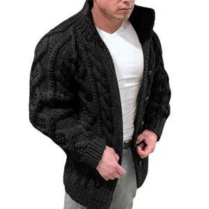 Cardigan en Tricot Noir pour Homme Col Montant Manches Longues Casual Hiver Vêtement