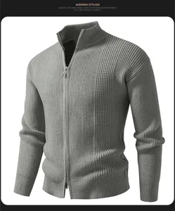 Men's grey mock neck zip-up knit cardigan sweater jacket, casual ribbed autumn outerwear.