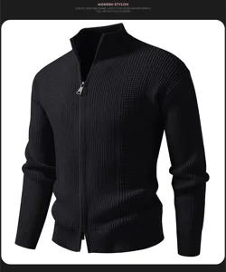 Men's casual black knit cardigan with mock neck and zipper for autumn and winter.