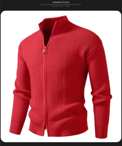 Men's red half-high collar knitted cardigan zipper jacket detail showing textured fabric.