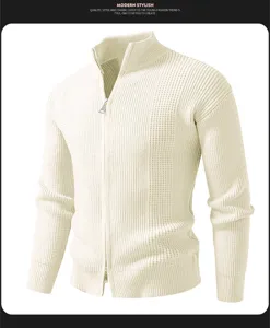 Detailed view of men's beige mock neck zip cardigan knitwear showing ribbed texture and zipper.