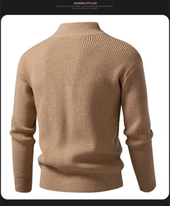Back view detail of men's brown ribbed knit half high collar sweater, casual winter outerwear.