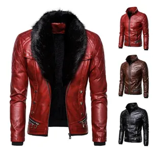 Chaqueta de Cuero PU Punk para Hombre Con Cuello de Piel Desmontable Chaqueta de Moto Acolchada Ajustada Abrigo de Otoño Invierno
