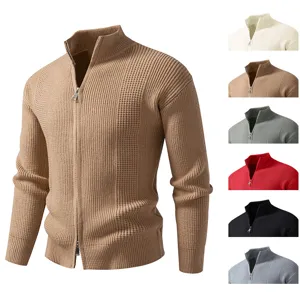 Men's Slim Fit Half High Neck Zipper Cardigan Sweater Waffle Knit Casual Jacket Autumn Winter Warm Knitwear Top