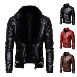 Chaqueta de cuero de moto punk de invierno para hombre con cuello de piel desmontable, vista.