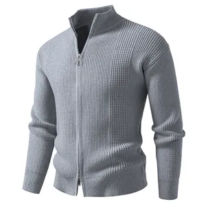 Men's Stand Collar Full Zip Knit Cardigan Sweater Jacket Casual Outerwear Gray Main View