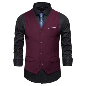 Men's Business Suit Vest Casual Single-Breasted Wine Red Waistcoat with Long Sleeve Shirt