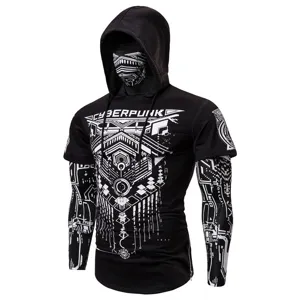 Men cyberpunk ninja hoodie t-shirt with mask short sleeve fitness tactical apparel outfit