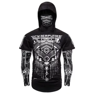 Men cyberpunk tactical ninja hoodie t-shirt with face mask and graphic print urban streetwear.