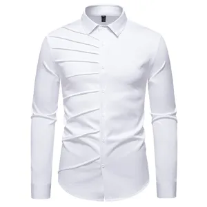 Men fashion pleated long sleeve shirt detail view, casual white button down shirt, stylish top