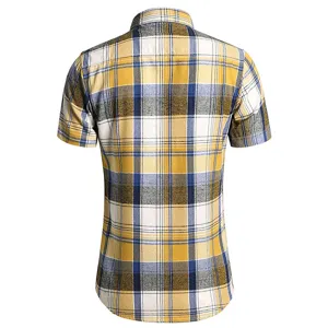 Men's short sleeve casual plaid shirt in yellow and blue, comfortable summer workwear top.